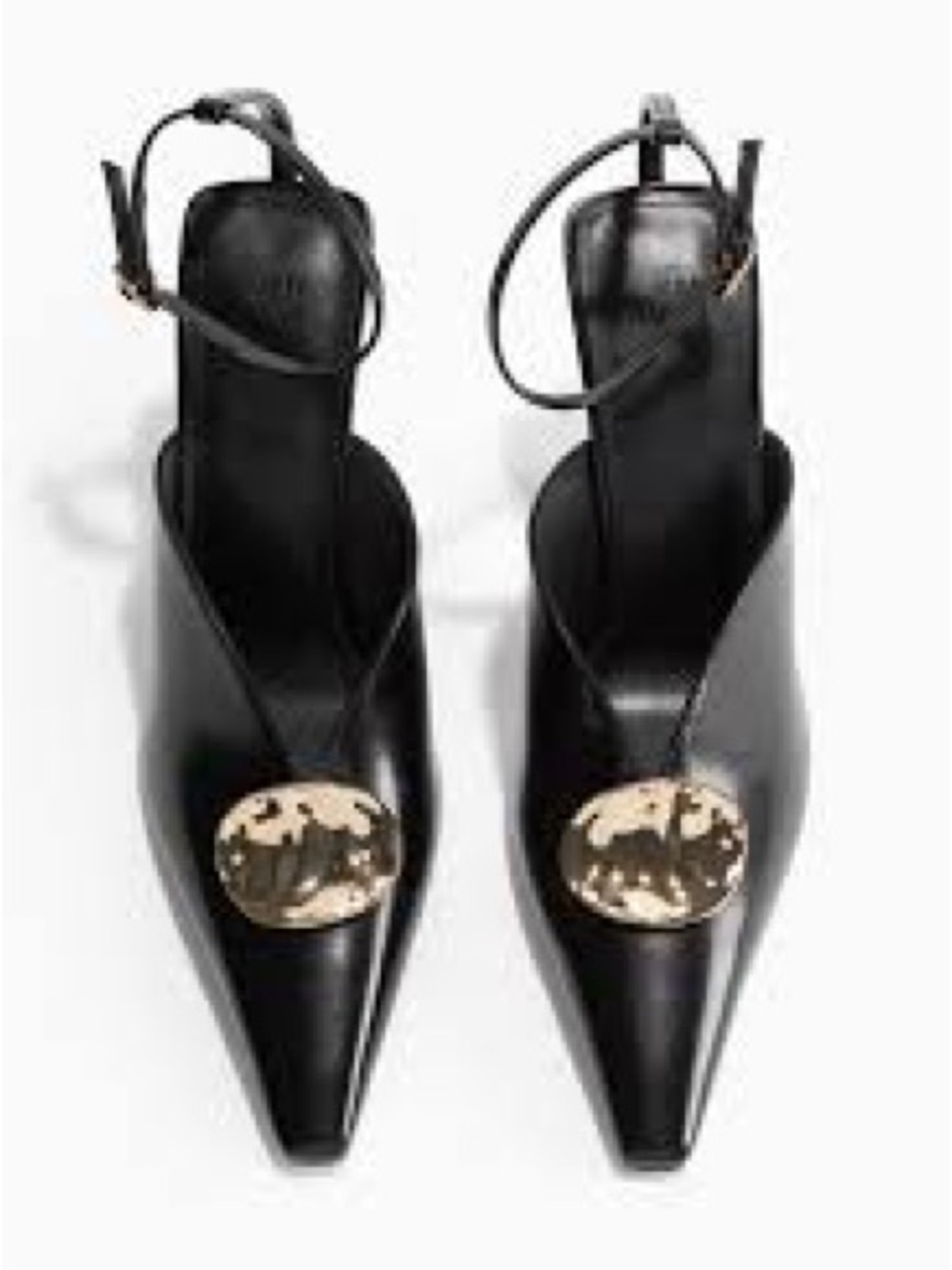 H&M Black Pointed Slingback Mules with Gold Disc Accent
